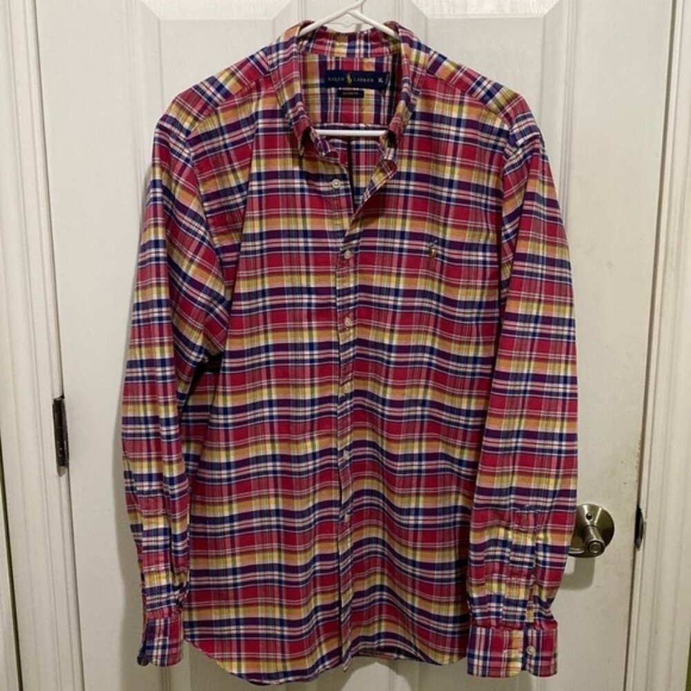 Ralph Lauren Blue Label Cotton Plaid Men’s Button Down Shirt Size XL Pink Blue